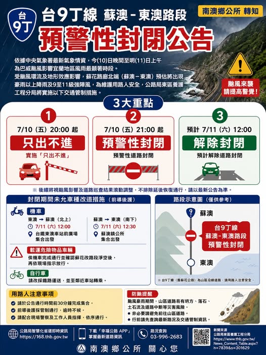 因應巴威颱風來襲　台9丁線蘇澳至東澳、台7甲線百韜橋~勝光10日晚9點預警性封路